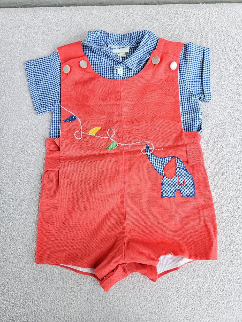 VTG Jayne Copeland Shortall Romper Baby SZ 12 Months Red Elephant Blue Plaid